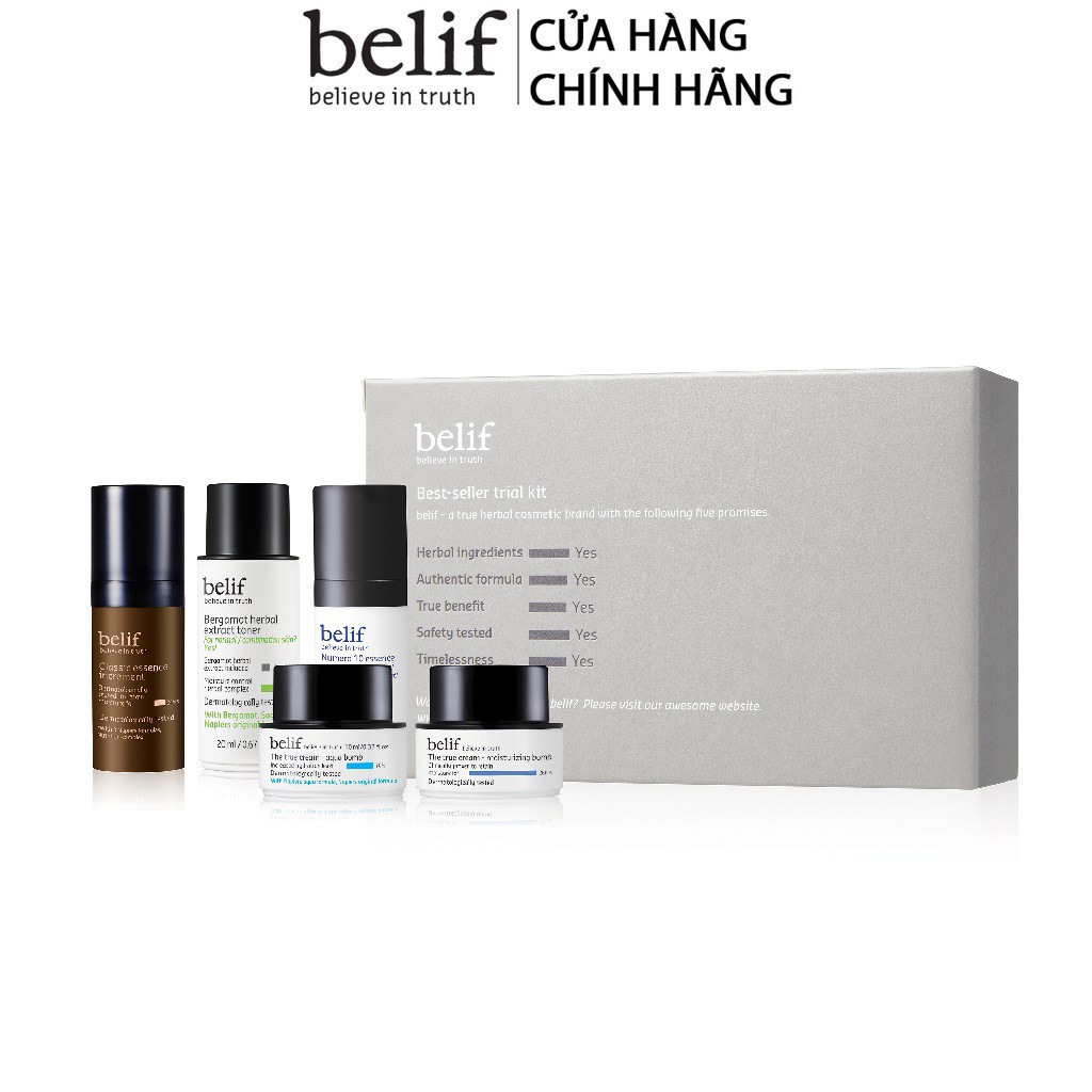 [HB Gift] Bộ dưỡng 5 món Belif Best-Seller Trial Kit và Combo 5 gói Kem cấp ẩm suốt 26 giờ và 5 gói Tinh chất khoá ẩm