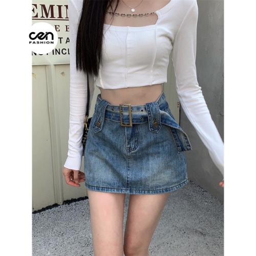 Chân váy jean kèm đai to Lưng Cao, có quần trong CEN FASHION