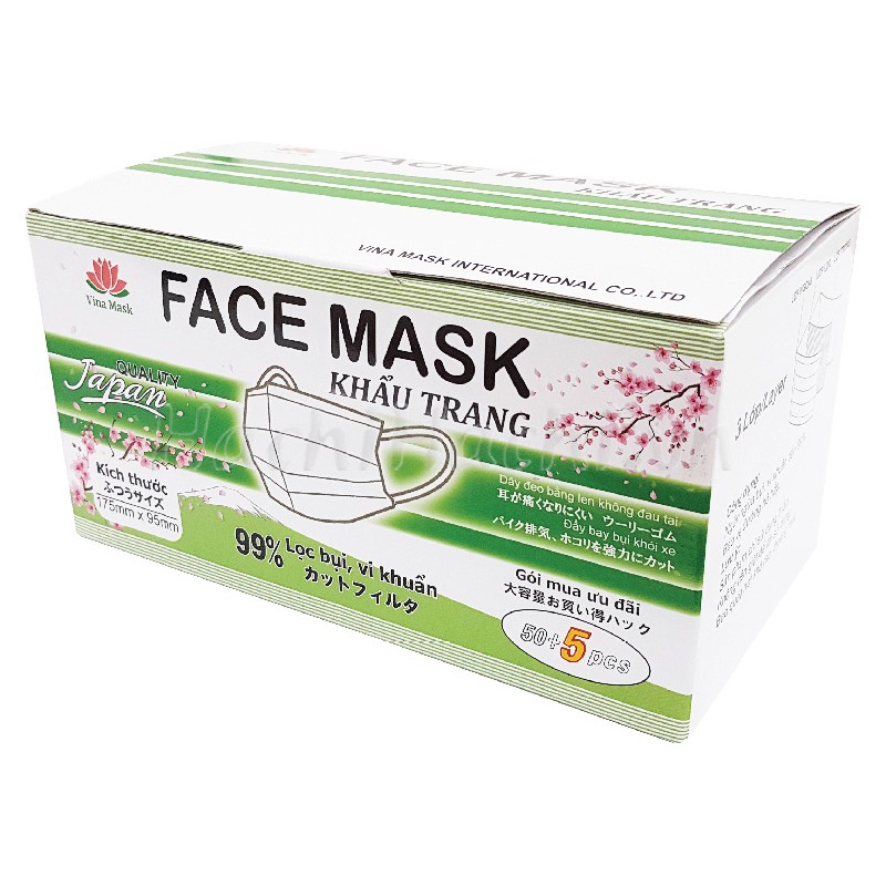 Khẩu trang 3 lớp Vina Mask cắt giảm 99% bụi, vi khuẩn 55 cái (màu trắng)  - Hachi Hachi Japan Shop