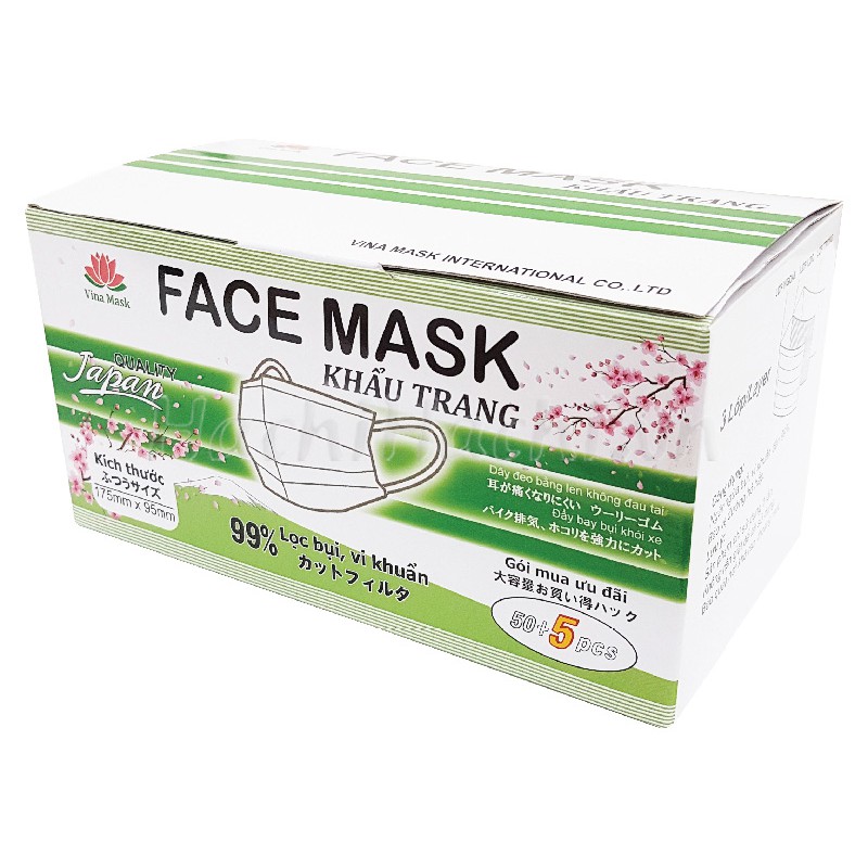 Khẩu trang 3 lớp Vina Mask cắt giảm 99% bụi, vi khuẩn 55 cái màu trắng - Hachi Hachi Japan Shop