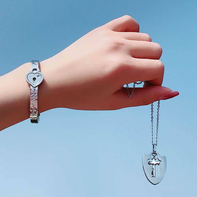 Bộ Vòng Tay + Vòng cổ + Mặt Vòng cổ Hình Ổ Khóa Trái Tim Cho Cặp Đôi