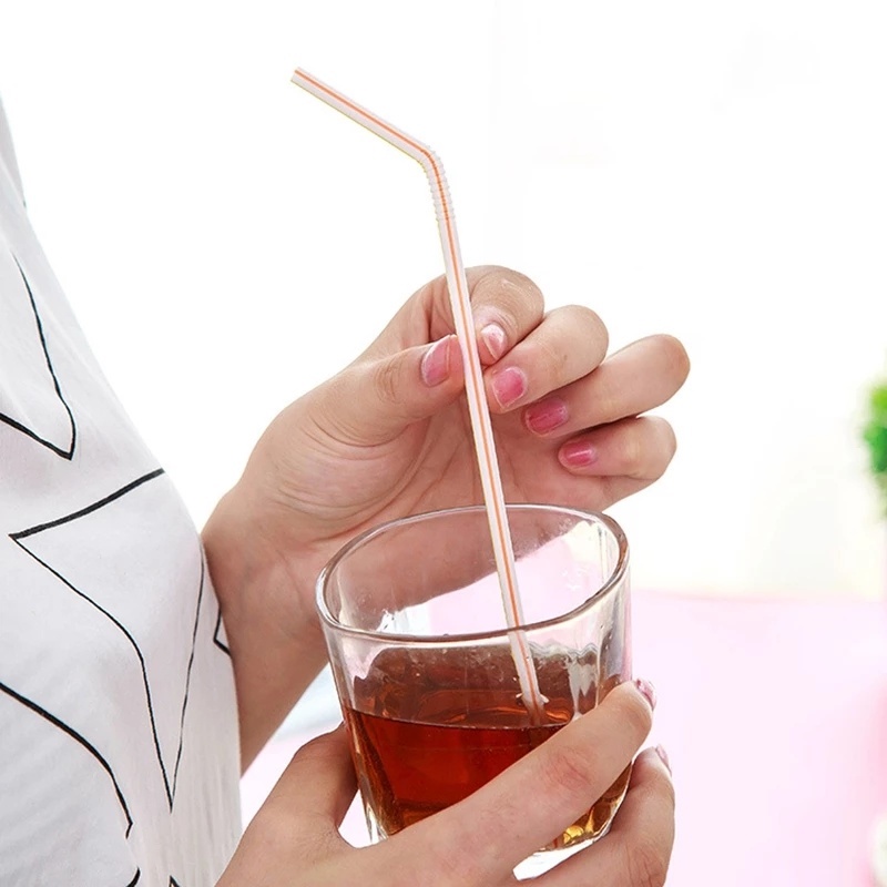 Set 100 Ống Hút Nhựa Sử Dụng Một Lần Họa Tiết Kẻ Sọc Màu Dạ Quang Có Thể Uốn Cong Cho Tiệc Cưới/Quán Bar