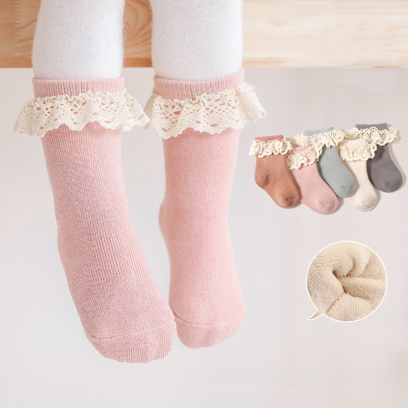Vớ cotton mềm màu trơn phối ren nhún bèo giữ ấm mùa đông cho bé sơ sinh