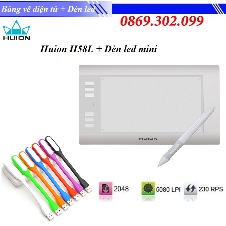 Combo Bảng Vẽ Điện Tử Huion H58L mỏng, thông minh và nhạy cảm + Đèn led mini cổng USB siêu sáng Cao Cấp