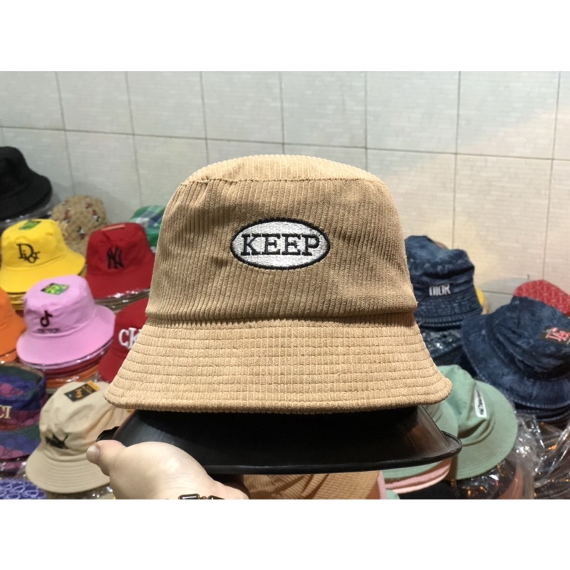 NÓN BUCKET NHUNG GÂN THÊU LOGO TRÒN CHỮ KÊP - Nón vành nam nữ