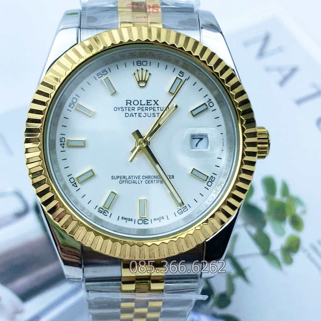 Đồng hồ nam Rolex cơ Automatic máy nhật mẫu classic trắng viền vàng dây demi cọc số dạ quang size 39-40mm