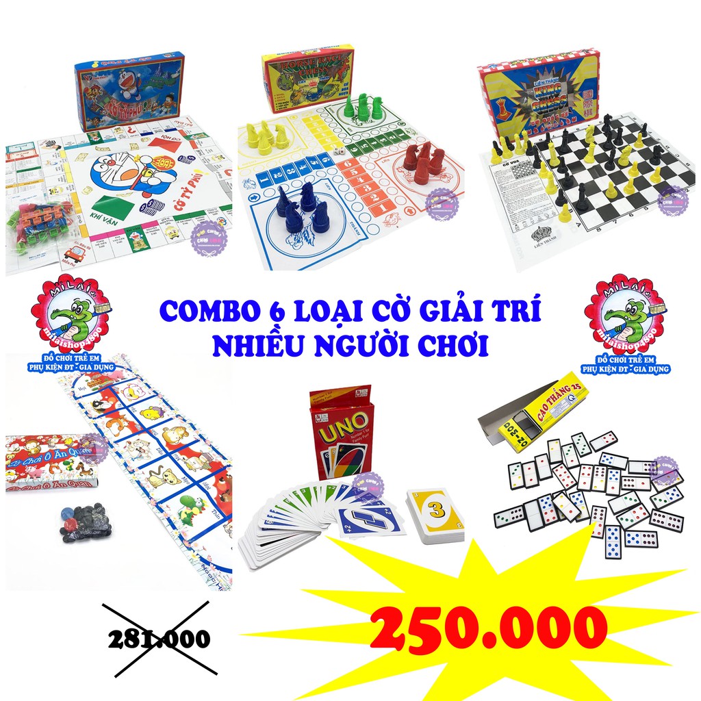 Combo 6 loại cờ giải trí nhiều người chơi: tỷ phú, cá ngựa, cờ vua, ô ăn quan, domino