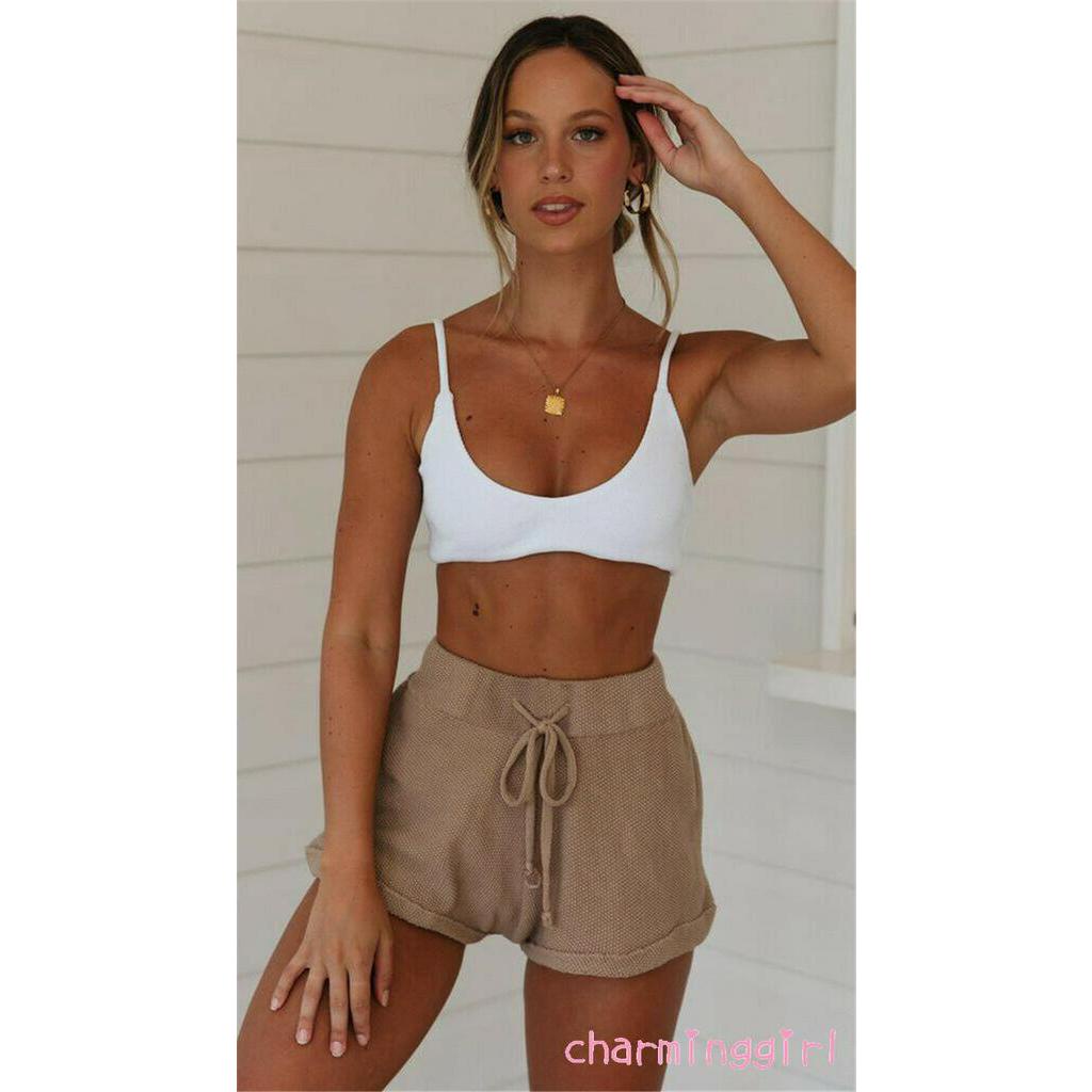 Quần short lưng thun co giãn màu trơn thiết kế rút dây thời trang mùa hè cho nữ