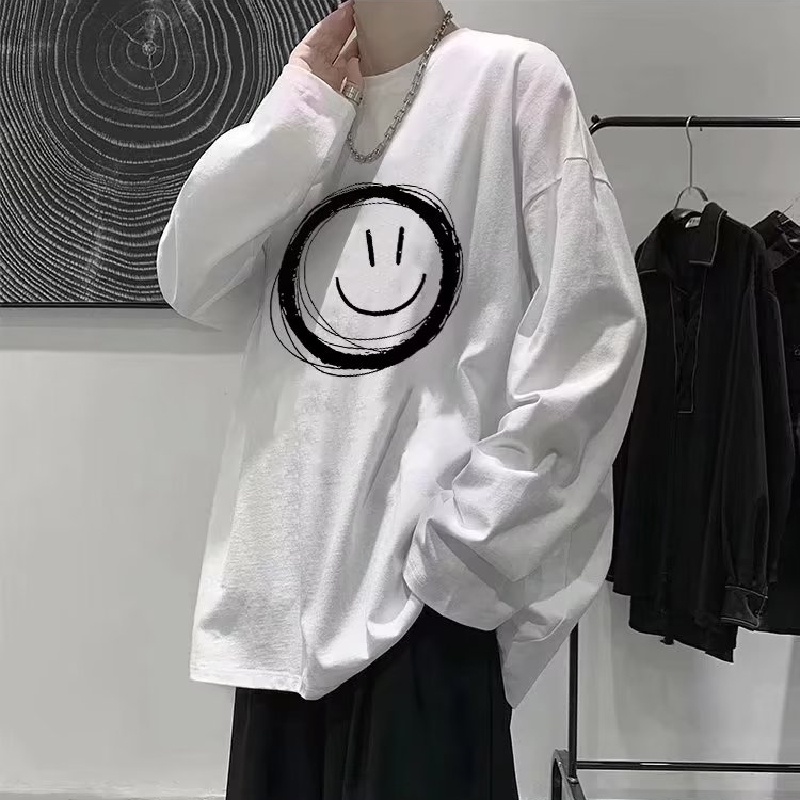 Áo Thun Tay Dài Cổ Tròn Dáng Rộng In Hình Biểu Cảm Thời Trang Phong Cách Hàn Quốc Cho Nam Size M-5XL