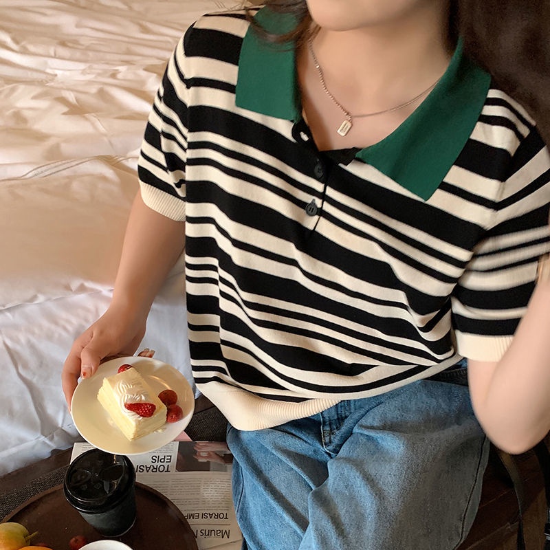 Áo polo Dệt Kim Tay Ngắn Dáng Rộng Họa Tiết Kẻ Sọc Thời Trang Mùa Hè Mới Cho Nữ Có Size Lớn