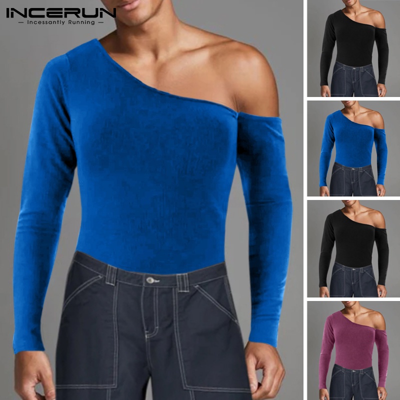 Áo nam INCERUN lệch vai màu trơn vải nhung mềm thời trang ấm áp mùa đông