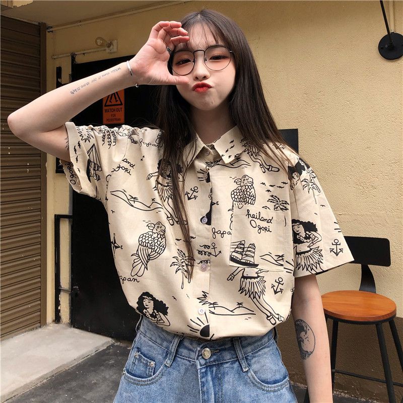 Áo Sơ Mi Ngắn Tay Dáng Rộng In Họa Tiết Thời Trang Mùa Hè Kiểu retro
