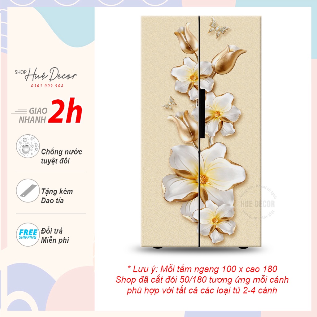 Miếng dán tủ lạnh 3D  side by side hoa vàng