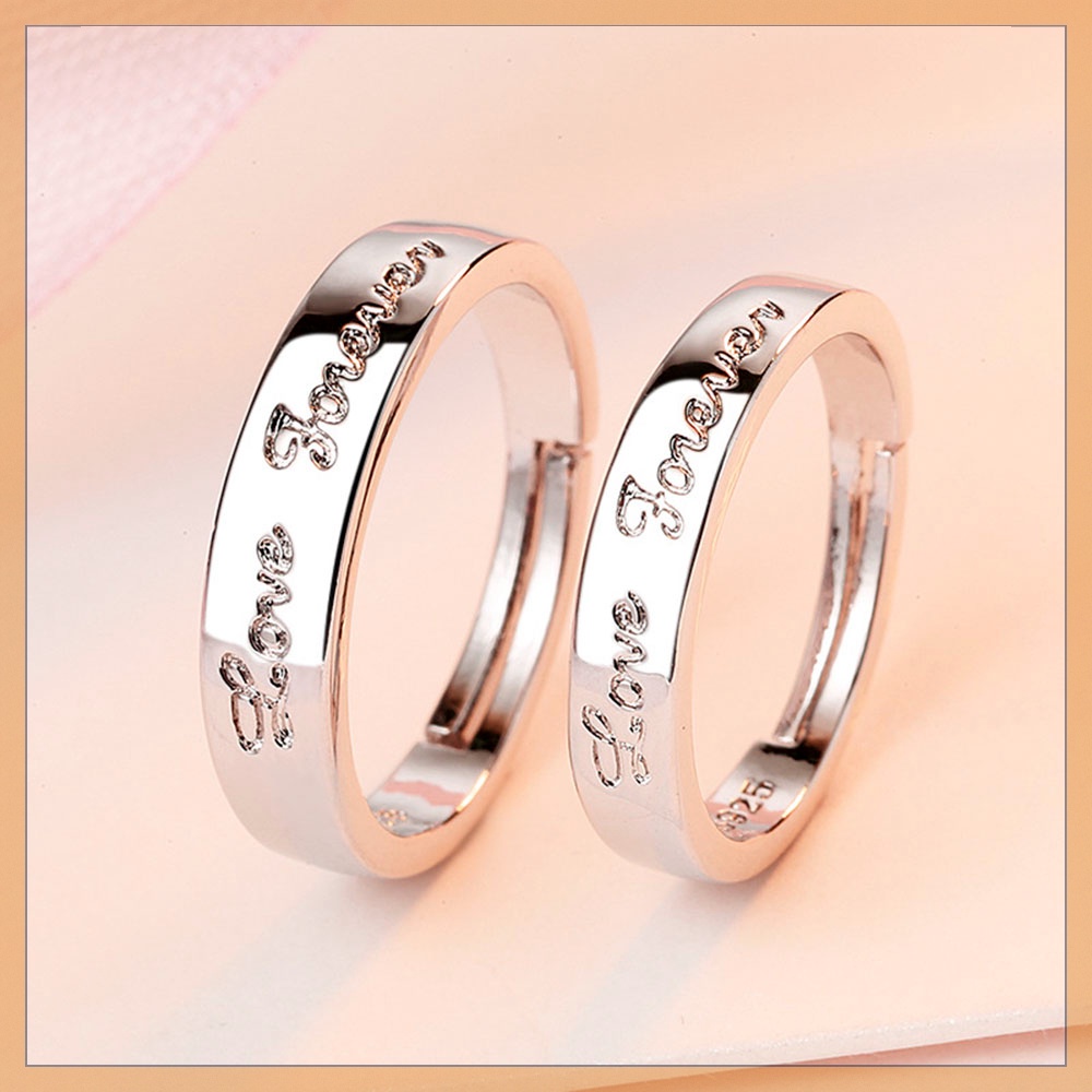 Cặp nhẫn hở mạ bạc 925 phối chữ đơn giản kiểu Hàn Quốc dễ điều chỉnh kích thước cho nam nữ