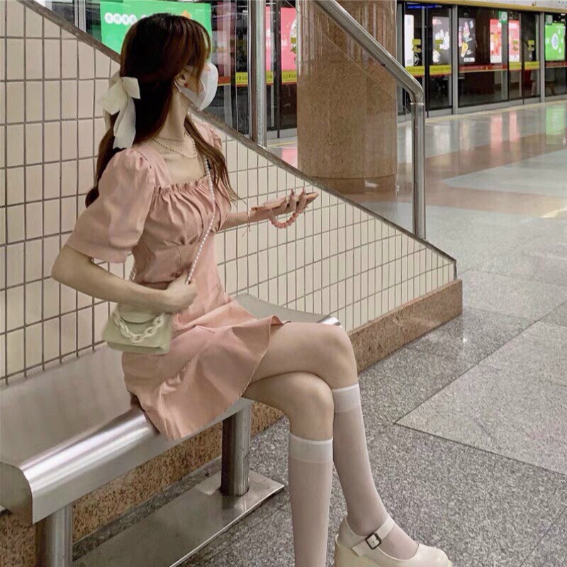 [ Miễn phí ship 2022 ] Đầm hồng cổ vuông nhún ngực, đầm tay búp đuôi cá phong cách hàn quốc cực dễ thương