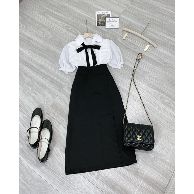 [ 𝐅𝐑𝐄𝐄 𝐒𝐇𝐈𝐏 ] Set Sơ Mi Nơ Lụa Tay Bồng Mix Chân Váy Xẻ | BigBuy360 - bigbuy360.vn