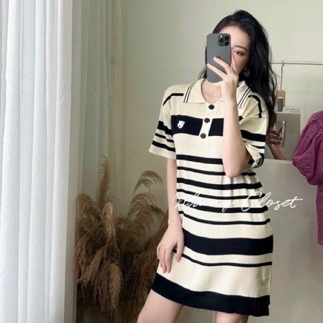 Váy polo suông mỏng kẻ ngang thêu, Đầm len cổ bẻ ngắn tay VL1584 - NhiNhi Shop