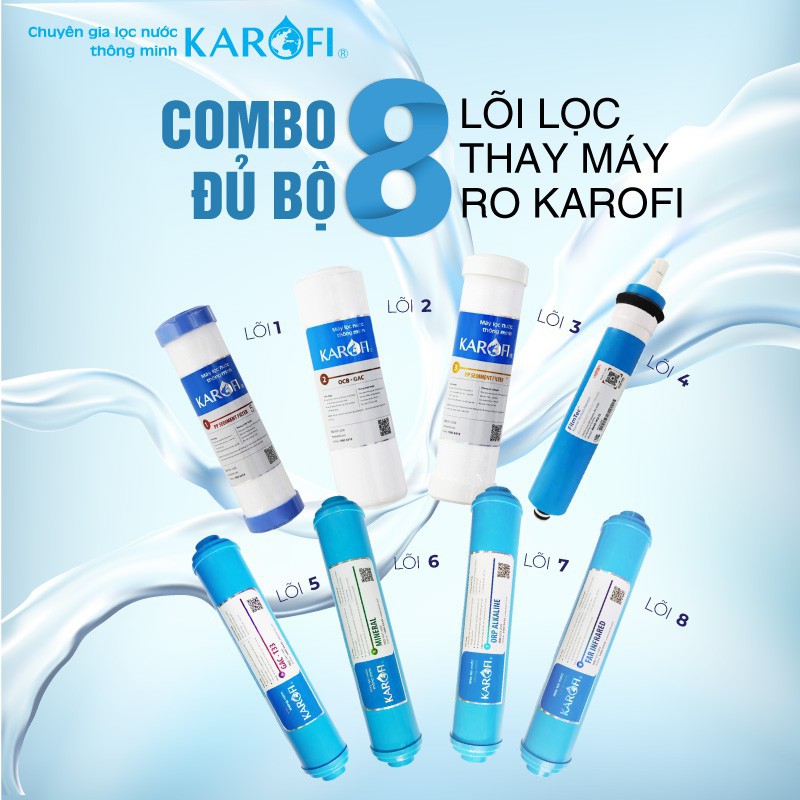 Combo 8 lõi lọc nước RO Karofi (Lõi 1-2-3, Filmtec, T33 GAC, khoáng đá, ORP alkaline, hồng ngoại)