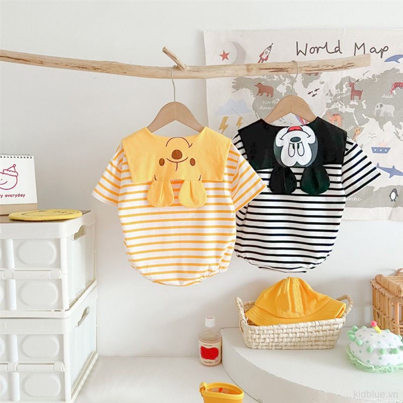 Áo Liền Quần Tam Giác Cổ Thủy Thủ Họa Tiết Hoạt Hình Kẻ Sọc Màu Tương Phản Cho Bé