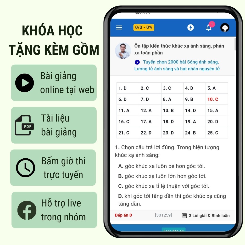 Sách id vật lý luyện thi thptqg, ôn thi đánh giá năng lực 2023, 2000 bài tập sóng ánh sáng và hạt nhân nguyên tử.