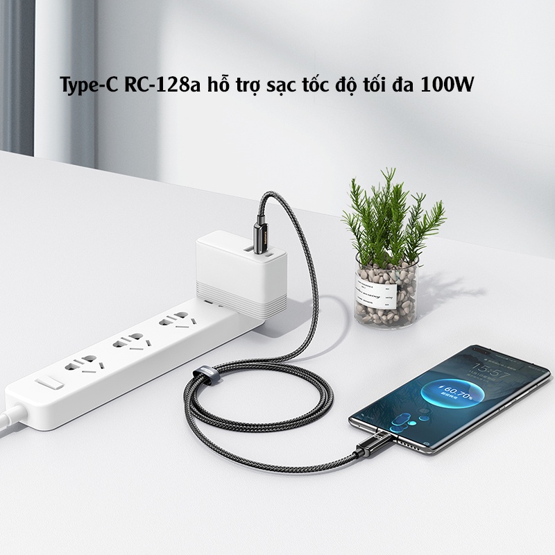 Cáp sạc siêu nhanh bọc dù có màn hình LED hiển thị công suất sạc RC-128 hỗ trợ sạc nhanh 100W