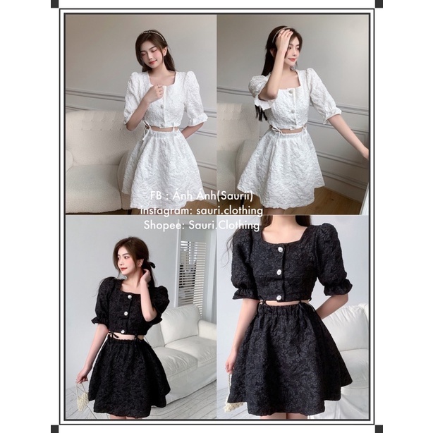 SẴNSet bộ ulzzang tiểu thư sang chảnh Áo croptop tay phồng cổ vuông vintage retro đính khuy đá+Chân váy xoè bồng bềnh