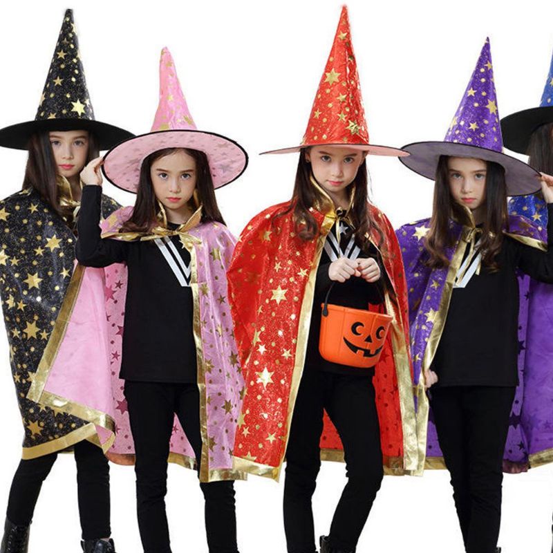 set áo choàng + nón phù thủy, hoá trang Halloween. đủ màu