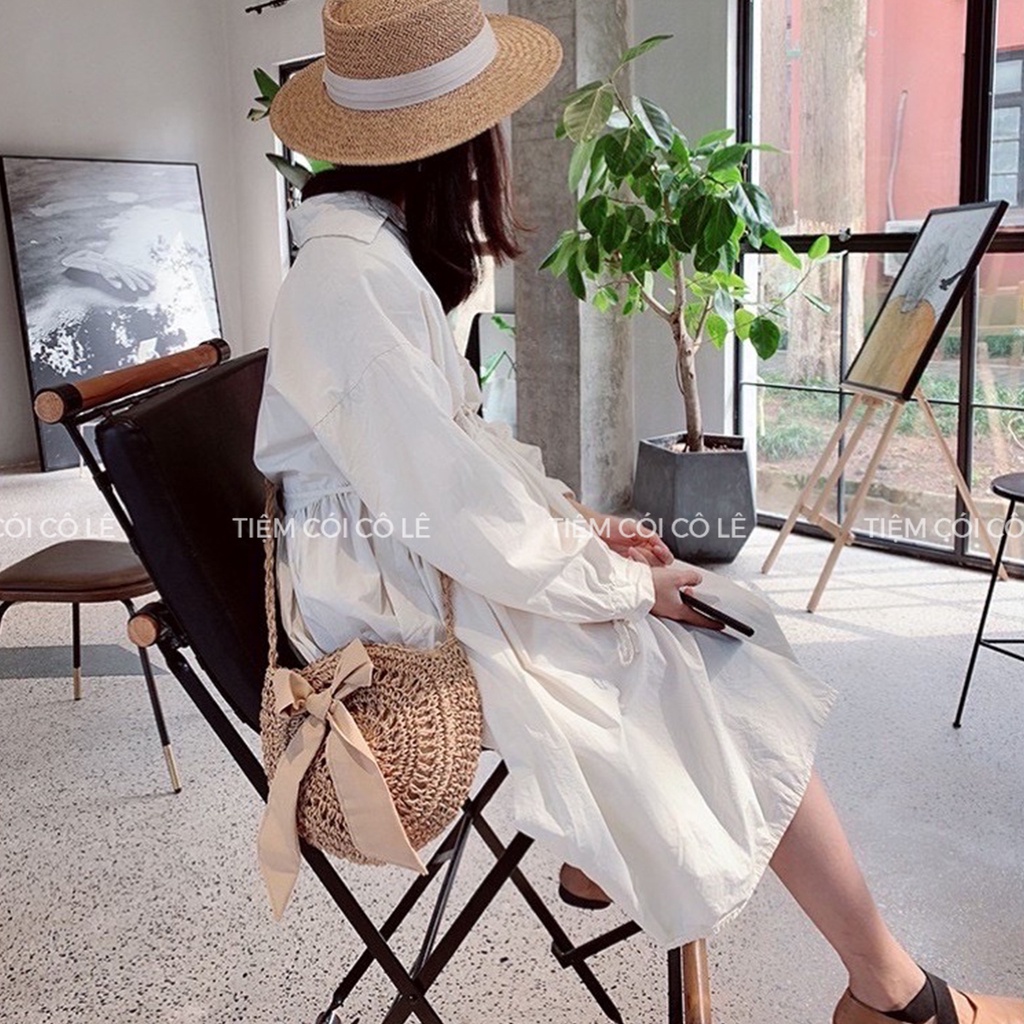 Túi đi biển dáng tròn họa tiết hoa đính kèm nơ xinh xắn - Tiệm Cói Cô Lê