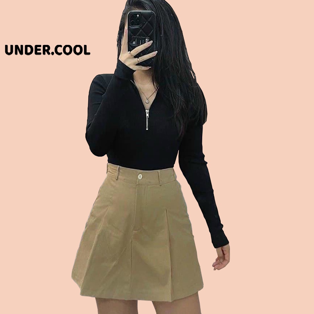Chân Váy UNDERCOOL Kaki Jean Basic Dáng Chữ A Lưng Cao Xếp Ly Nhẹ