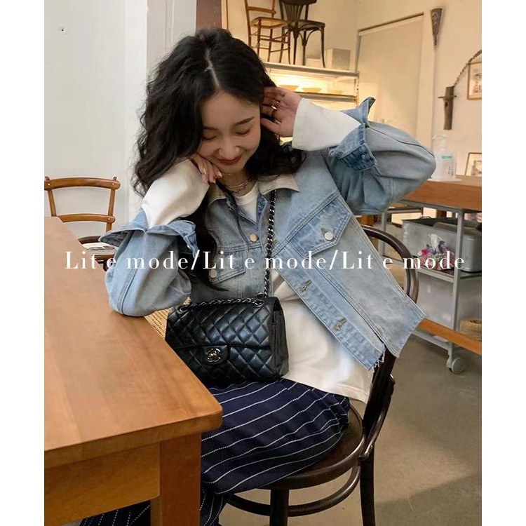 Honypove Áo Khoác Denim Dáng Ngắn Phong Cách Hàn Quốc Cá Tính Dành Cho Nữ