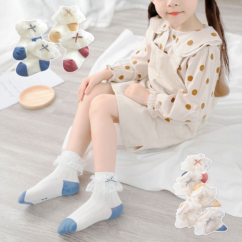 Vớ cotton phối ren nơ xinh xắn cho bé gái tùy chọn màu sắc