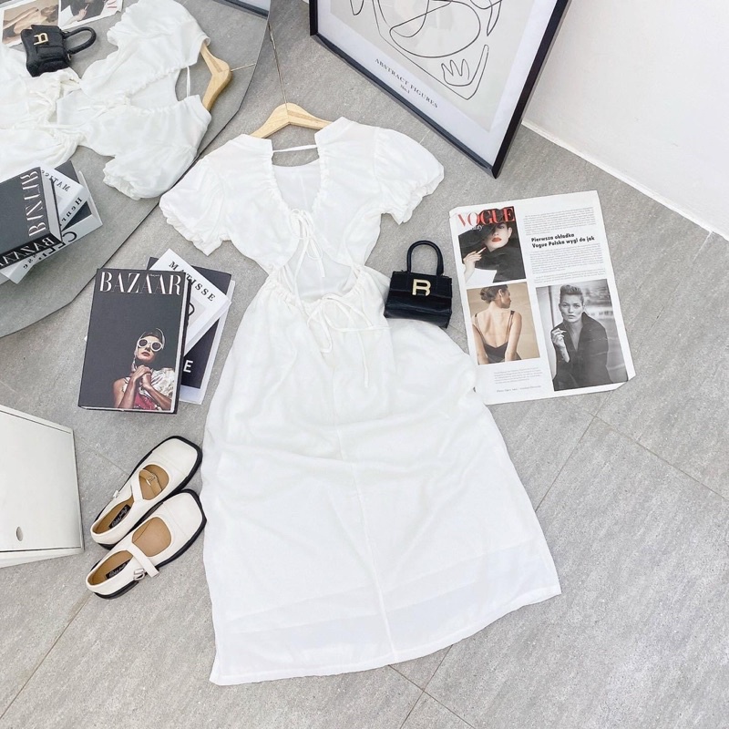 (Có bigsize)ĐẦM MIDI TRẮNG CUTOUT LƯNG 2M