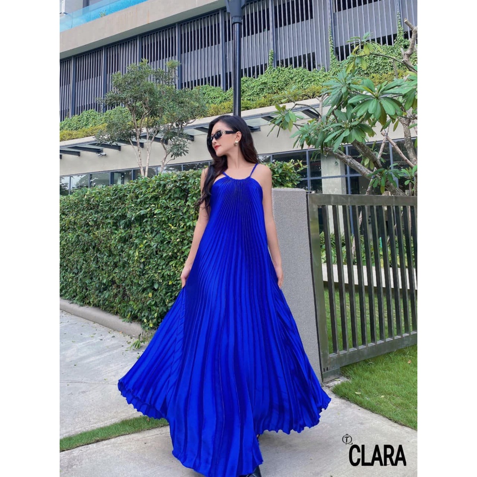 Đầm CLARA maxi dập ly cổ yếm màu xanh dương, xanh coban