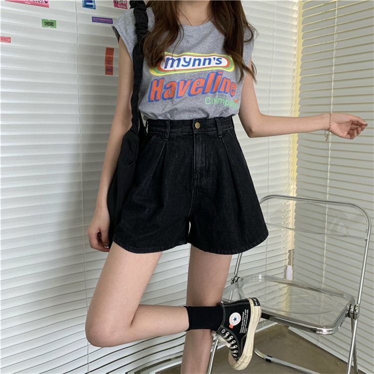 Quần Short Denim Lưng Cao Ống Rộng Thời Trang Dành Cho Nữ
