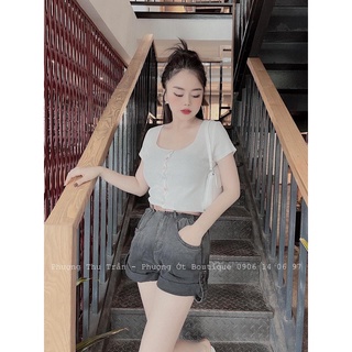 Ao len mỏng cổ vuông cài cúc cho nữ