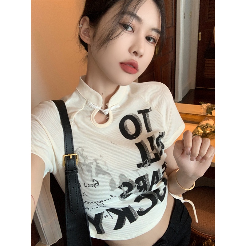 QKOOLE  Áo Thun Croptop Tay Ngắn Phối Dây Rút In Họa Tiết Kiểu Hàn Quốc Xinh Xắn Cho Nữ