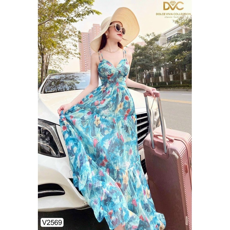 Đầm váy nữ maxi 2 dây với màu xanh họa tiết xinh xắn, bồng bềnh thích hợp cho các nàng mang đi du lịch, đi biển