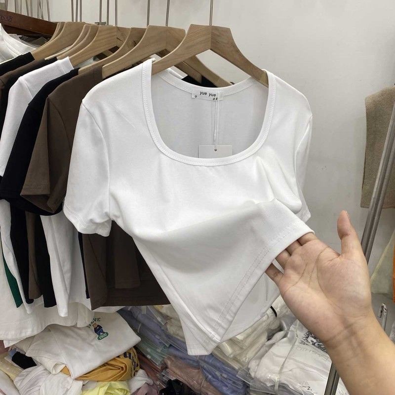 Áo Thun Tay Ngắn Cổ Vuông Màu Sắc Đơn Sắc Thời Trang Mùa Hè Quyến Rũ Cho Nữ