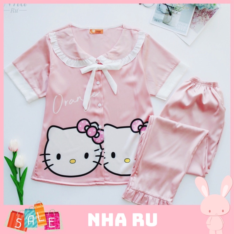 Đồ ngủ lụa latin cao cấp tay ngắn hình kitty, quần dài cổ sen đẹp
