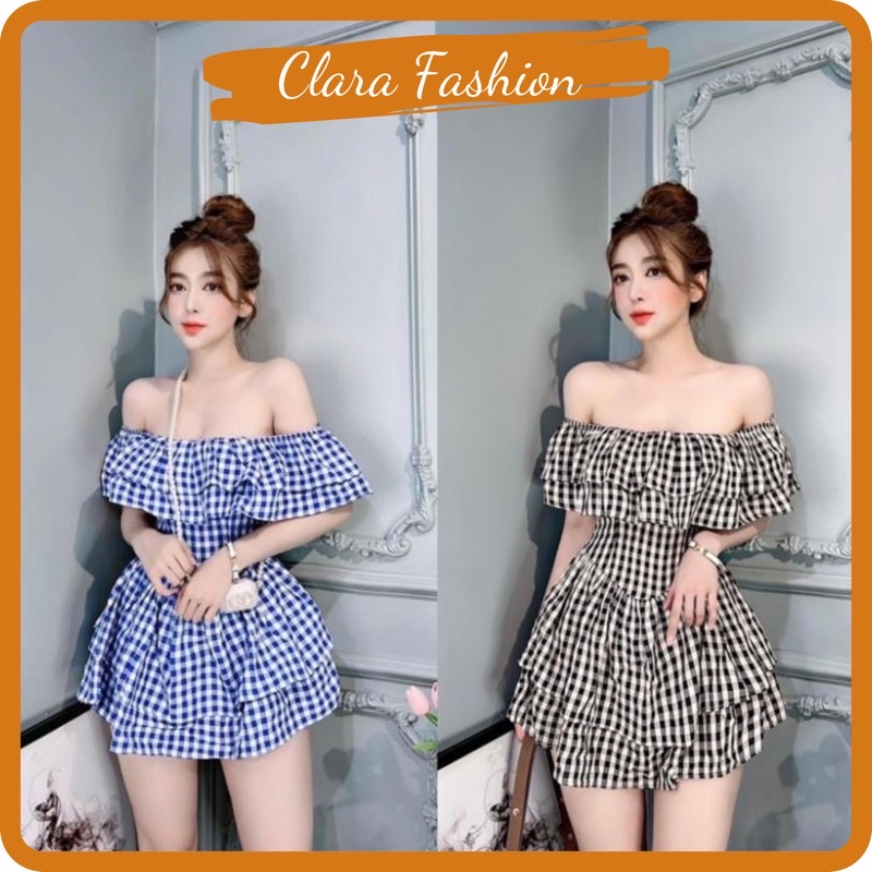 VÁY KẺ TRỄ VAI TẦNG XANH ĐEN SIÊU XINH