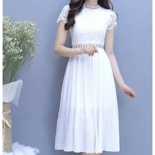 đầm ren trắng xếp ly nữ 343