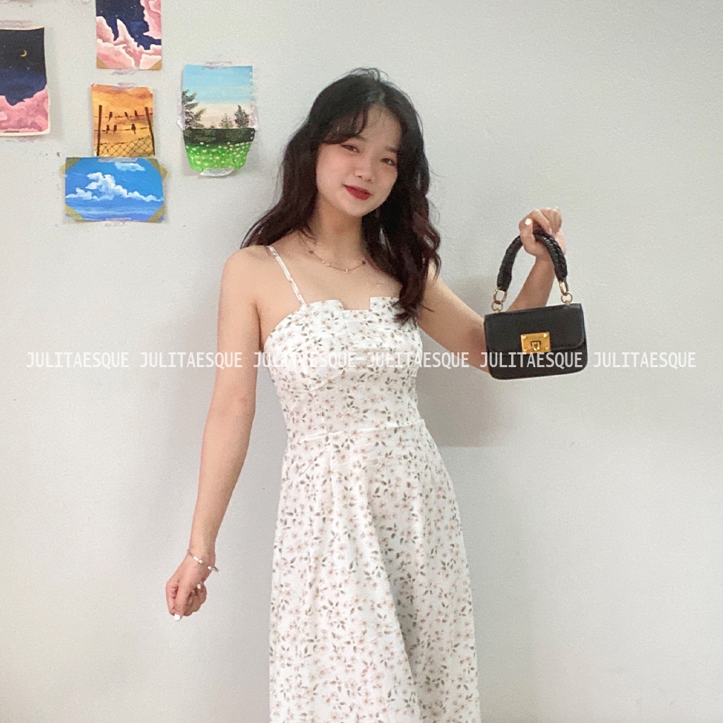 Váy hoa nhí 2 dây, đầm hoa nhí hai dây dáng dài maxi chất voan có bo chun đi biển, đi chơi - Liti Dress