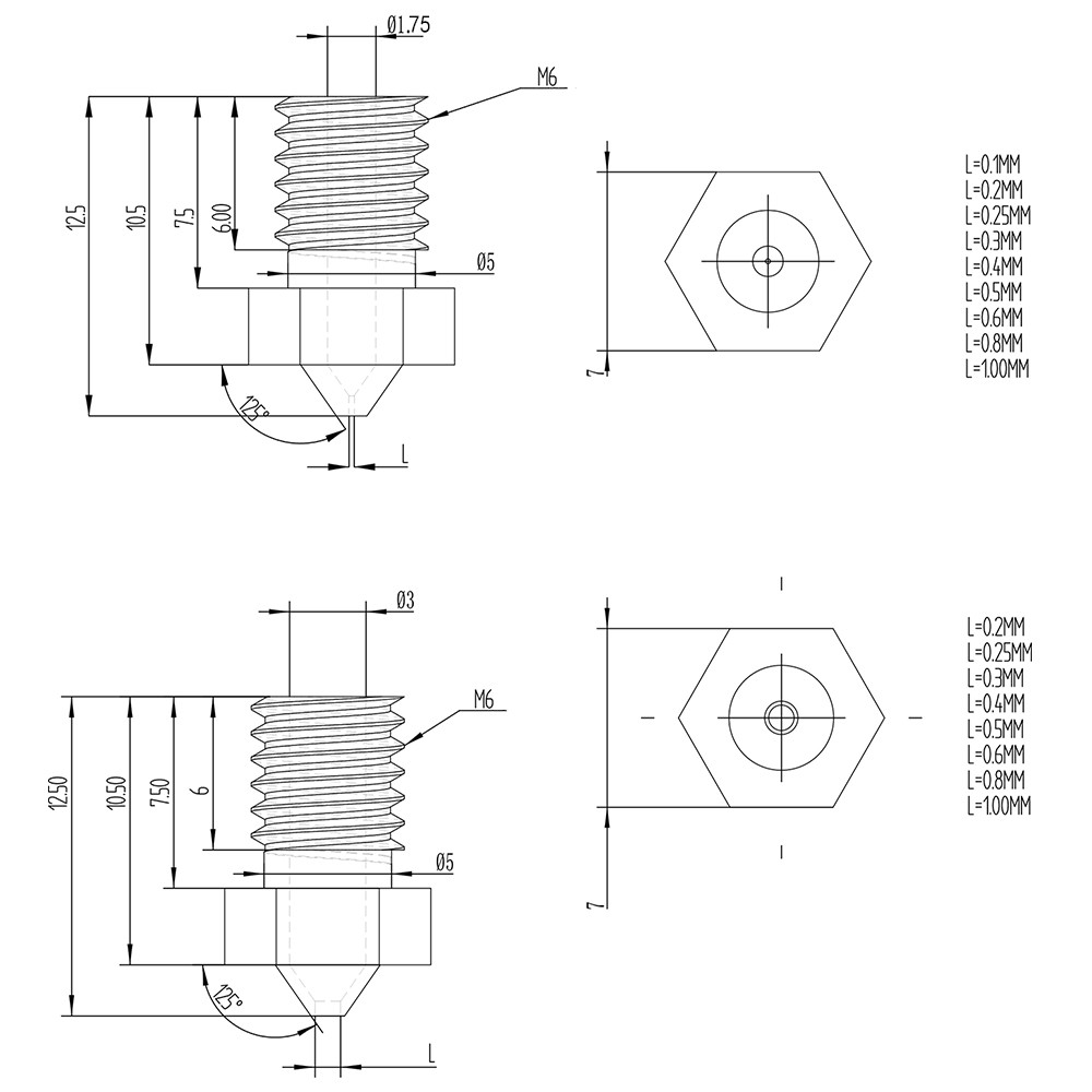 Đầu Phun E3D V6&V5 J-Head 0.2; 0,3; 0.4; 0,5; 0.6; 0,8; 1mm/1.75mm dành cho máy in 3D