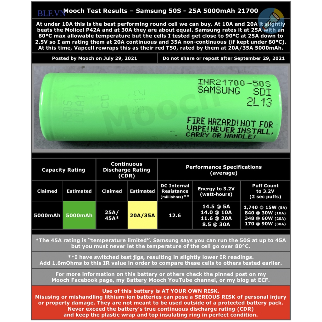 Pin sạc Samsung 50S 21700 5000mAh 25A công suất cao lion li-ion 3.6v 3.7v 4.2v