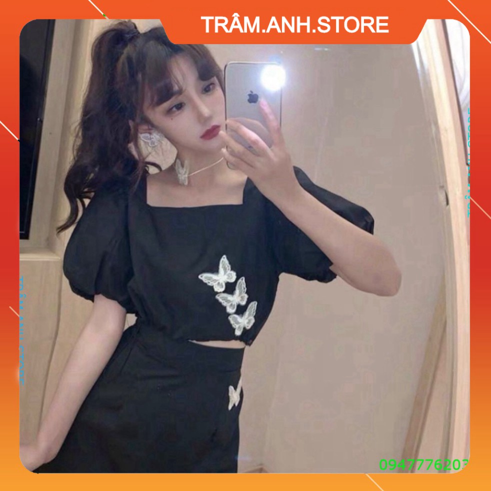 💝👗 SET ÁO CROPTOP BUTTERFLY CỔ VUÔNG TAY BỒNG CHUN EO MIX CHÂN VÁY BƯỚM Đen Ulzzang có lót trong 👑