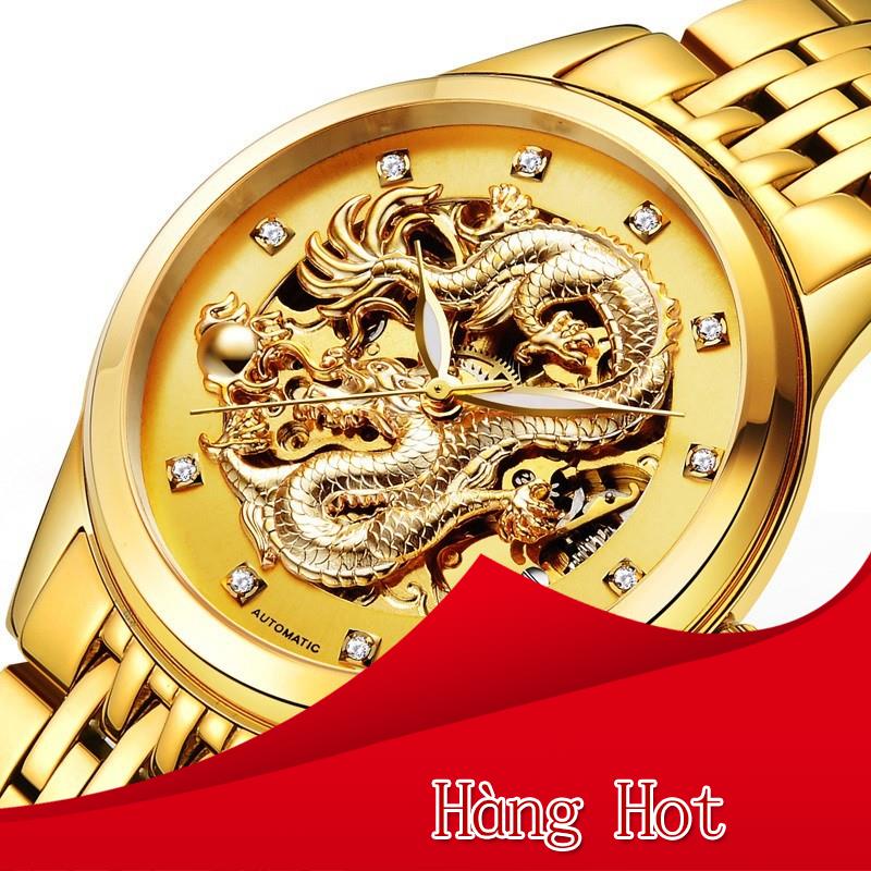 Đồng Hồ Cơ Nam Tự Động Automatic Chính Hãng Dây Thép Đúc Đặc Cao Cấp Mặt Rồng Vàng Thời Trang Đẳng Cấp Đẹ