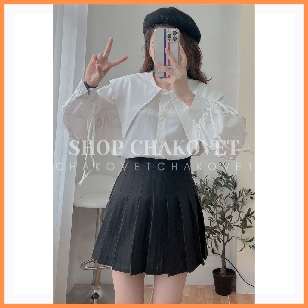 Áo sơ mi trắng nữ kiểu bánh bèo cổ nhọn tay phồng A8145 kiểu áo nữ rút tay buộc nơ cá tính tôn dáng đẹp da freesize&lt;65kg
