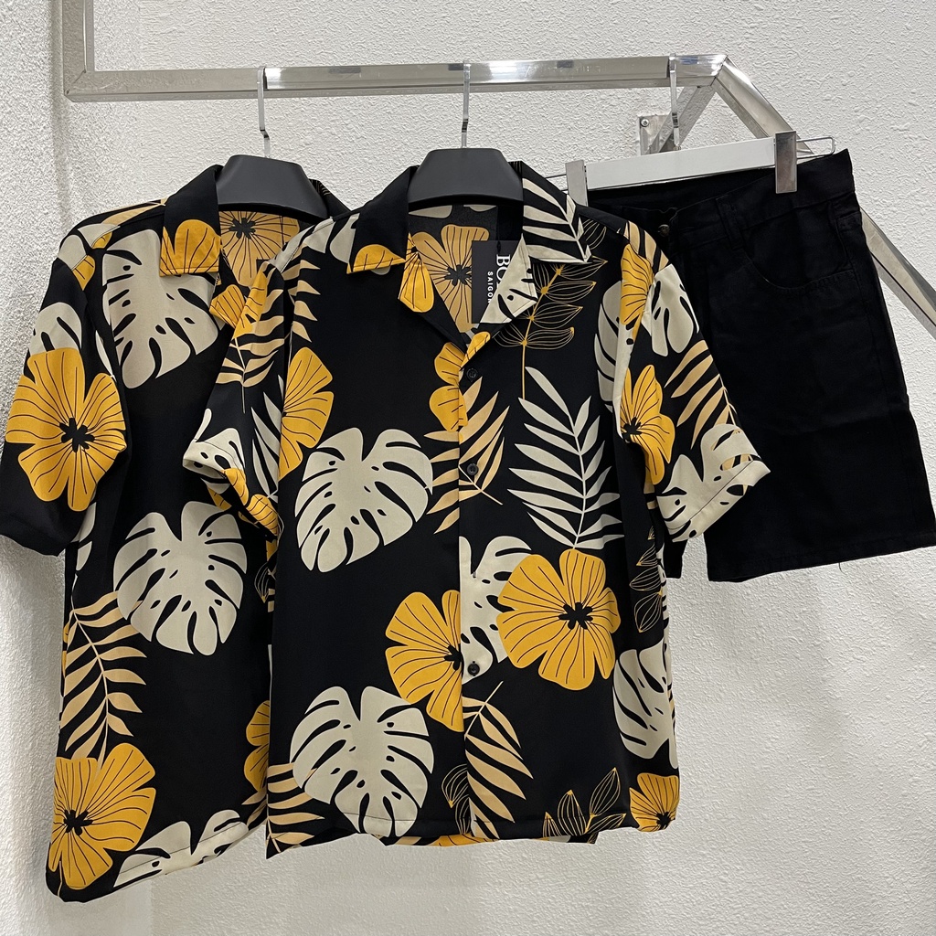 Áo sơ mi tay ngắn hoạ tiết hoa cọ dừa vải lụa mango áo cuban shirt ngắn tay cổ vest mùa hè
