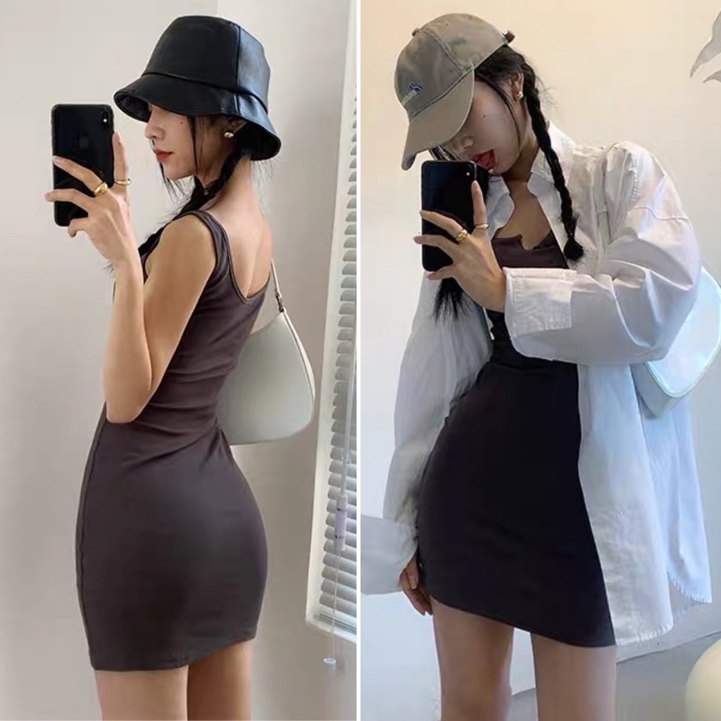Váy sát nách body cổ xẻ V thun gân