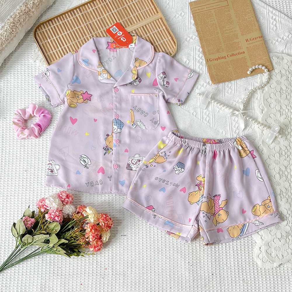 Bộ Quần Áo Ngủ Cộc Đùi Pijama Lụa Mango In Hình Cực Yêu Cho Bé Từ 13-42kg - BPN57 - Babi mama